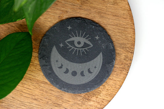 Ayin Harah and Moon Engraved Slate Coaster
