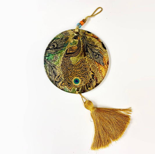 Golden Peacock Fusion Glass Wall Hanging
