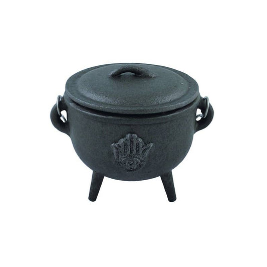 Medium Cast Iron Cauldron with Lid 4.5 inch - Hamsa Design