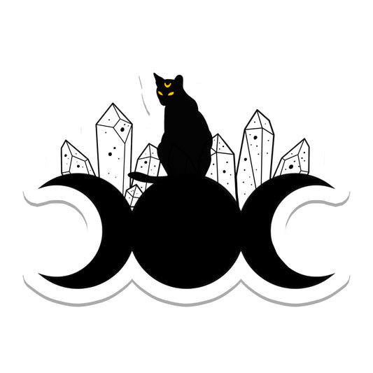Black Cat with Crystals and Moons Vinyl Sticker - Black and White