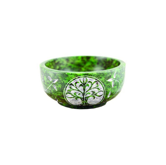 Green Tree of Life Hand Carved Stone Offering Bowl 4"